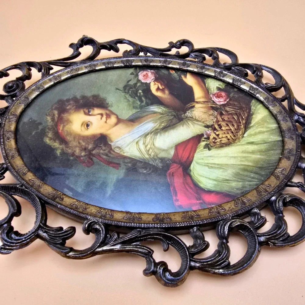 Vintage Made in Italy Ornate Metal Oval Frame Portrait Print Girl Flower Basket